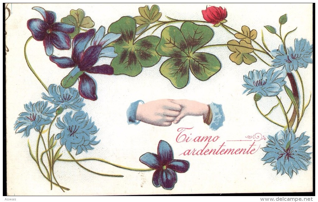 LINEN CARD: LINKED HANDS ~ ROMANCE ~ TI AMO ARDENTEMENTE ~ I LOVE YOU DEARLY - Valentine's Day