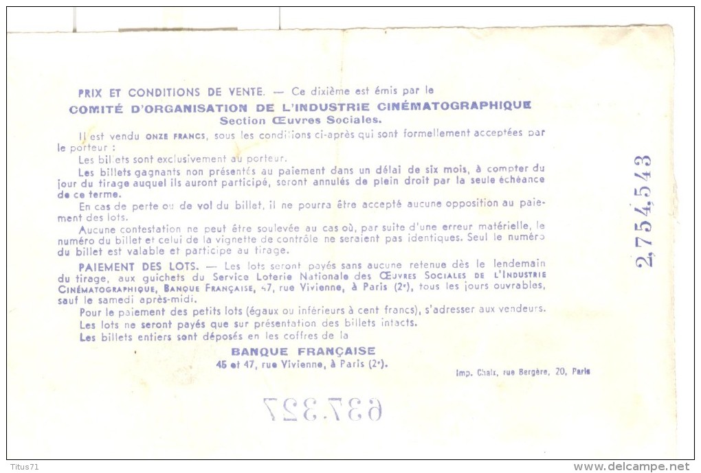 Billet Loterie Nationale - Oeuvres Sociales De L´industrie Cinématographique - 1943 - Billets De Loterie