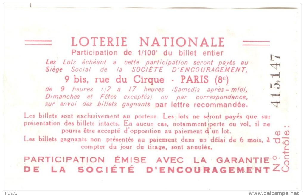 Billet Loterie Nationale - Société D'encouragement Pour L'amélioration Des Races De Chevaux - 1938 - Billets De Loterie