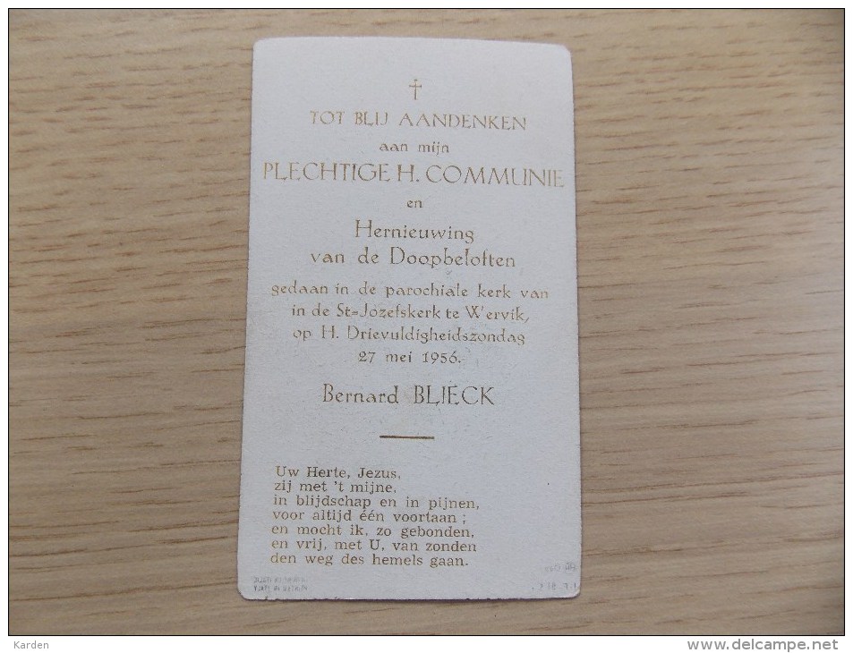 Communieprentje Bernard Blieck 27/5/1956 Wervik - Religion & Esotericism