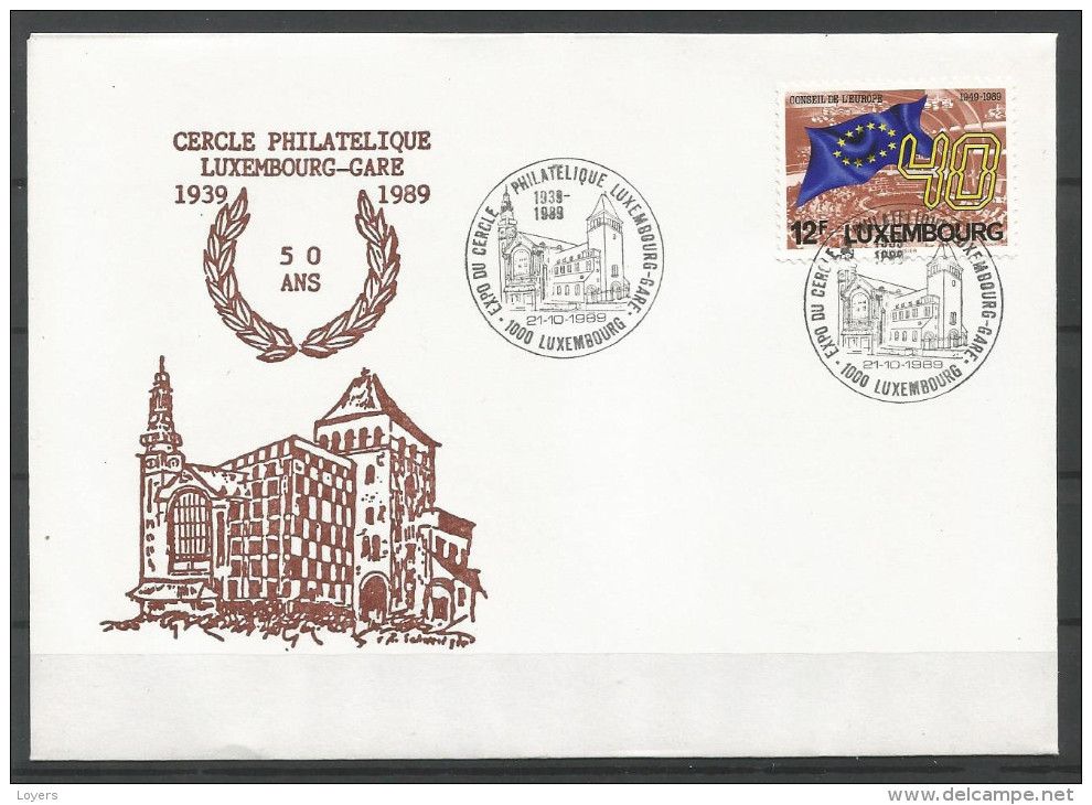 ENVELOPPE COMMEMORATIVE 50 ANS CERCLE PHILATELIQUE LUXEMBOURG-GARE TP N° 1222 (CACHEL POSTAL DE LUXEMBOURG) (SCAN VERSO) - Cartes Commémoratives