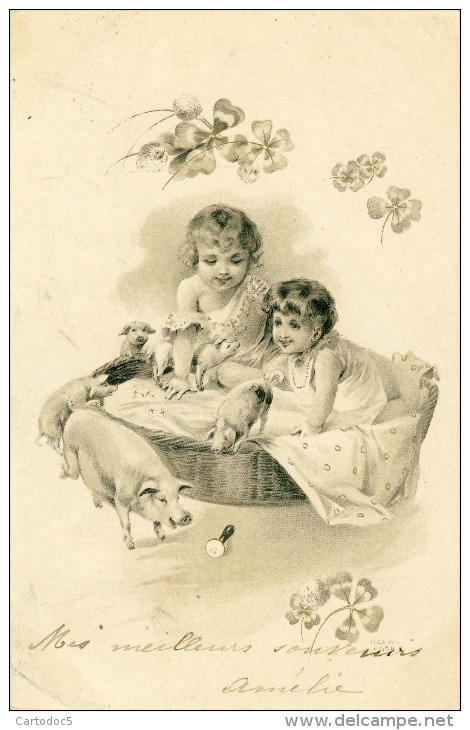 2 Enfants Dans Une Corbeille Avec De Petits Cochons  Trefles à 4 Feuilles  Illustrateur Geiger Hegedius      Cpa - Cochons