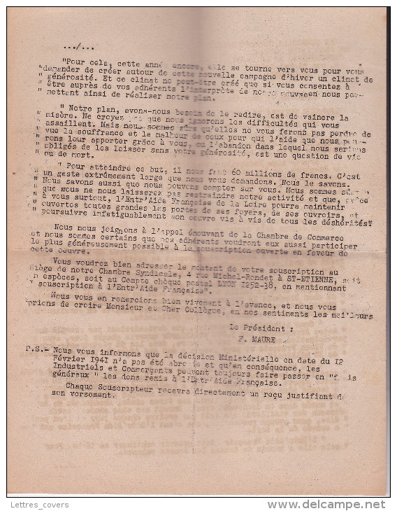 Courriers De Demande De DONS Pour Centres D'Accueil PRISONNIERS LIBÉRÉS - ST ETIENNE LOIRE - Historical Documents