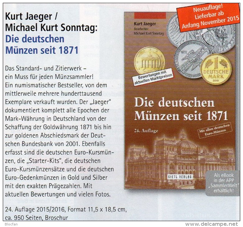 Jäger Münzen-Katalog Deutschland 2016 Neu 25€ Für Münzen Ab 1871 Und Numisbriefe Numismatic Coins Of Old And New Germany - Sammlungen