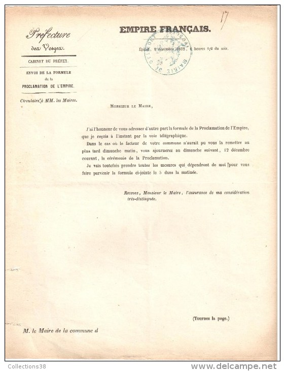 Préfecture Des Vosges - Proclamation De L'Empire Français - Documents Historiques