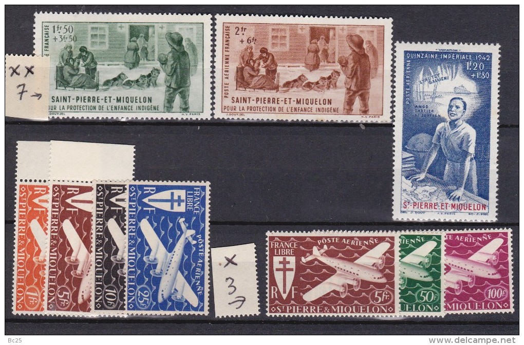 SAINT PIERRE ET MIQUELON - AÉRIEN - 10 TRÈS BEAUX TIMBRES 7 NEUFS * * ET 3 NEUFS * DE 1942 - Unused Stamps