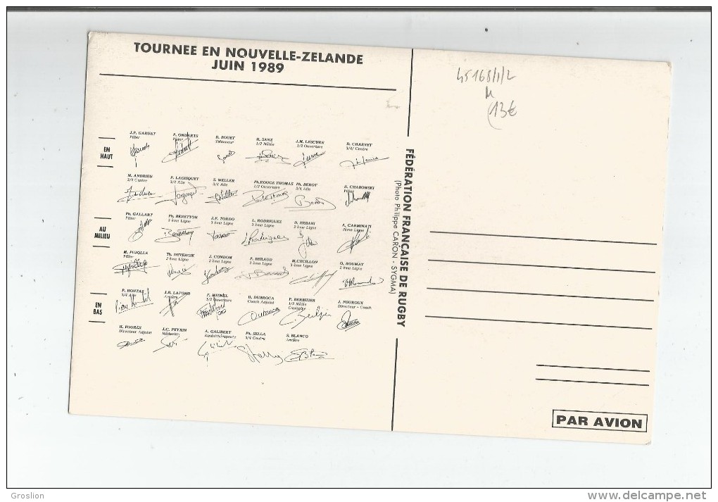 RUGBY A XV TOURNEE EN NOUVELLE ZELANDE JUIN 1989 (CARTE GEANTE) - Rugby