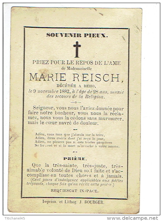 Souvenir Mortuaire BEHO 1854-1882 Mademoiselle Marie REISCH - Décès