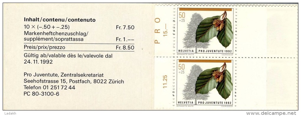 SUISSE # CARNET TIMBRES # NEUF # PRO JUVENTUTE # 1992 # 10 TIMBRES 50 + 25 # - Booklets
