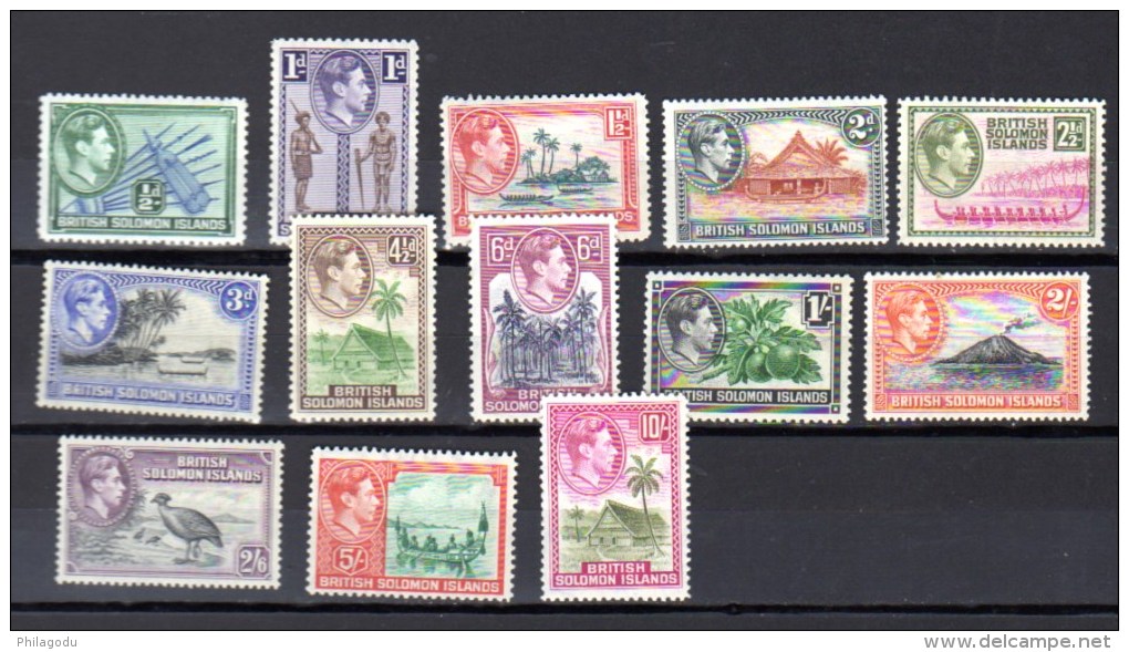 George VI, Iles Salomon  Yv. 58 / 70** (1 ½ Charnière), Cote 110 €, Thème Oiseau Bird Vogel  Fruit - Islas Salomón (...-1978)