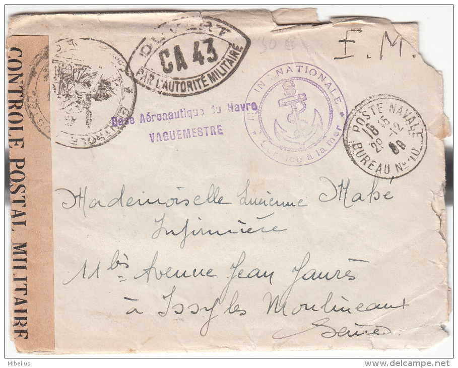 1939 Enveloppe +2 Lettres Dedans +Cachets: Base Aéronautique Du HAVRE Vaguemestre + Marine Nationale Service à La Mer - Autres & Non Classés