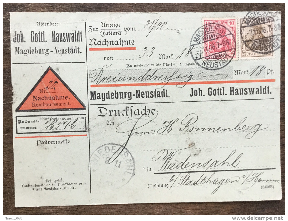 A1 Deutsches Reich Allemagne Germany 1908 Nachnahme Contre-remboursement Magdeburg-Neustadt Nach Wiedensahl - Briefe U. Dokumente