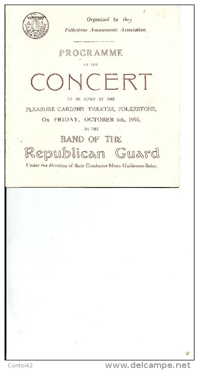 PROGRAMME CONCERT GARDE REPUBLICAINE REPUBLICAN GUARD FOLKESTONE KENT - Programmes