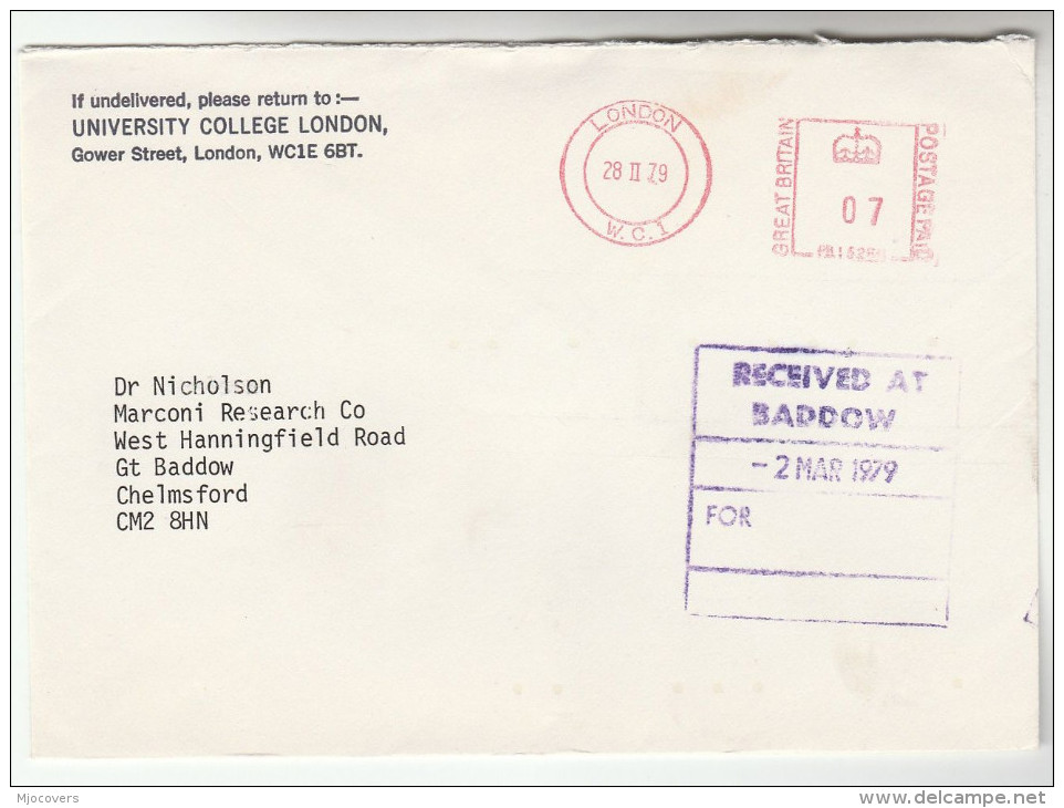 1979 UNIVERSITY COLLEGE LONDON To MARCONI RESEARCH LAB Gt Baddow  GB Meter Stamps COVER Telecom Radio - Telecom