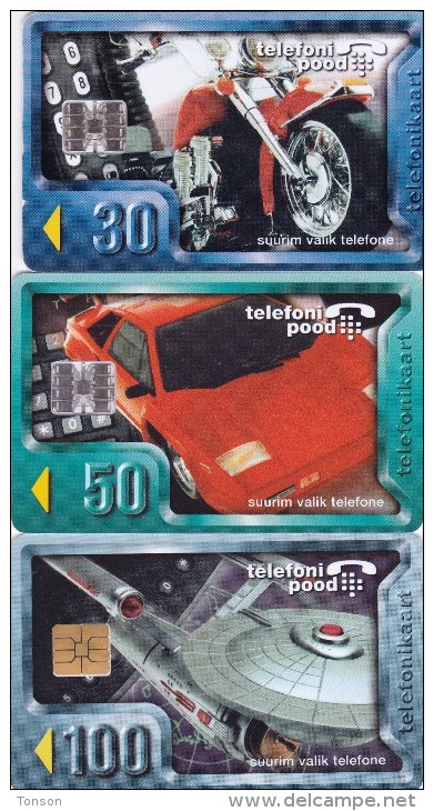 Estonia, ET 063 - 065, Set Of 3 Cards, Motor Cycle, Car, Space Ship, 2 Scans. - Estonia