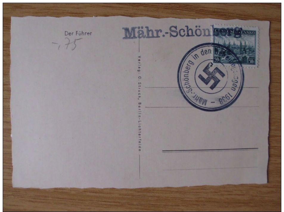 1938, SUDETENLAND, AK ADOLF HITLER Mit BEFREIUNGSSTEMPEL MÄHRISCH-SCHÖNBERG IN DEN BEFREIUNGSTAGEN 1938 - Occupazione 1938 – 45