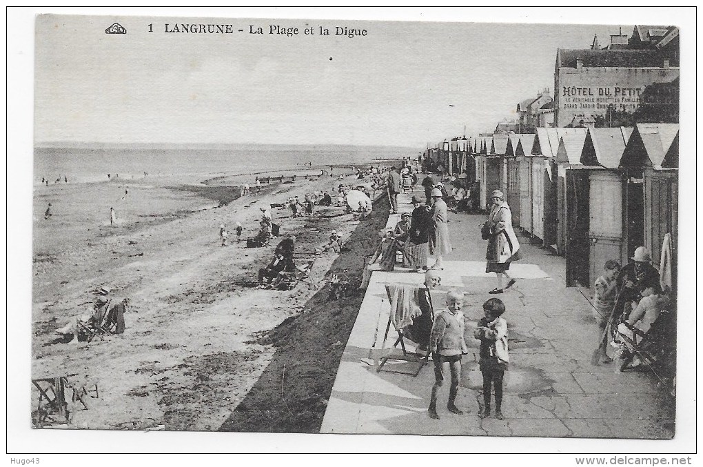 LANGRUNE EN 1928 - N° 1 - LA PLAGE ET LA DIGUE AVEC PERSONNAGES - CPA  VOYAGEE - Autres & Non Classés