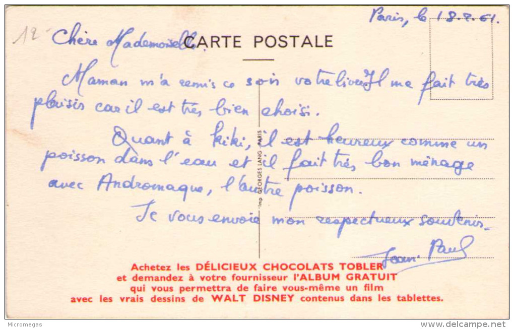 Walt DISNEY - Chocolat Tobler - Frère Lapin - Other & Unclassified