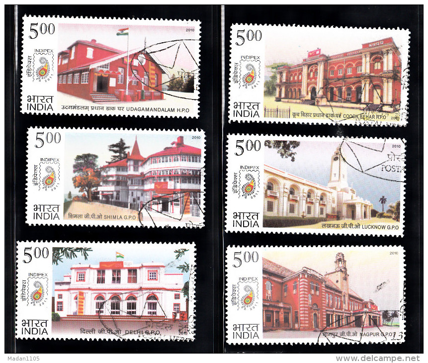 INDIA, 2010, FINE USED, First Day Cancelled. Postal Heritage Buildings, Architecture, Indian Post Offices Set 6v Complet - Oblitérés