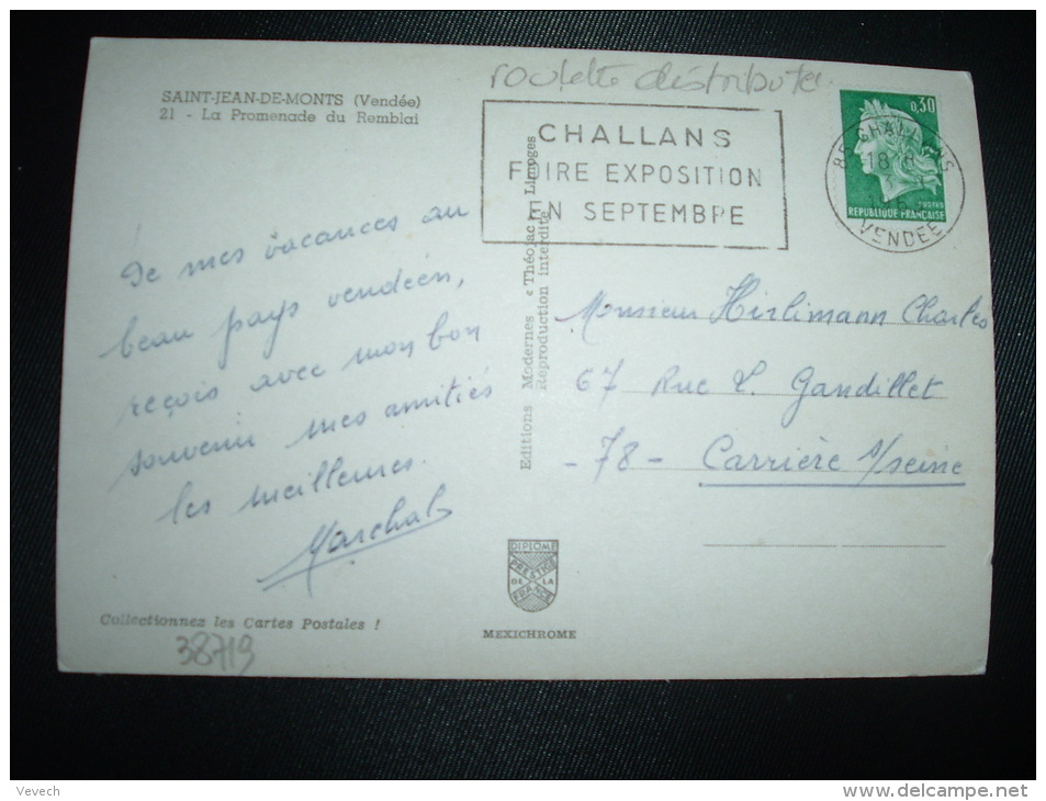 CP TP MARIANNE DE CHEFFER 0,30 ROULETTE OBL.MEC.23-8-1969 CHALLANS (85 VENDEE) FOIRE EXPOSITION - 1967-1970 Marianne De Cheffer