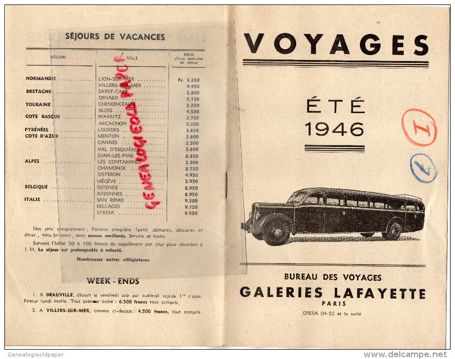 75 - PARIS - DEPLIANT TOURISTIQUE VOYAGES ETE 1946- GALERIES LAFAYETTE - AUTOBUS  AUTOCAR - Dépliants Touristiques