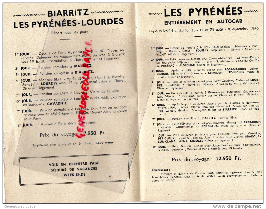 75 - PARIS - DEPLIANT TOURISTIQUE VOYAGES ETE 1946- GALERIES LAFAYETTE - AUTOBUS  AUTOCAR - Dépliants Touristiques