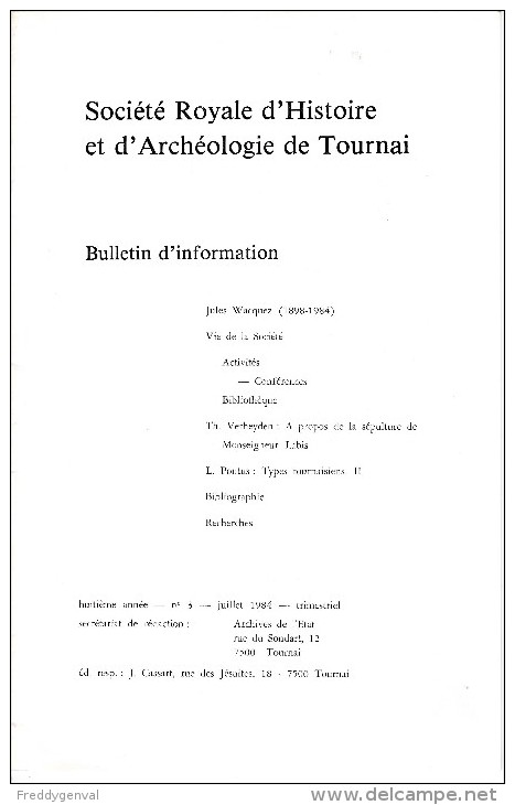 TOURNAI SOCIETE ROYALE D´HISTOIRE ET D´ARCHEOLOGIE - Documents Historiques