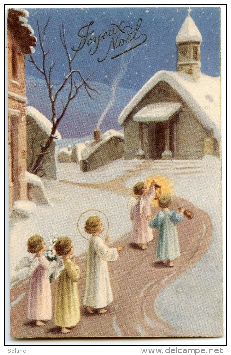 Joyeux Noël - Anges Et Petit Jésus Se Dirigent Vers Une église Dans La Nuit étoilée - écrite Non Timbrée 2 Scans - Autres & Non Classés