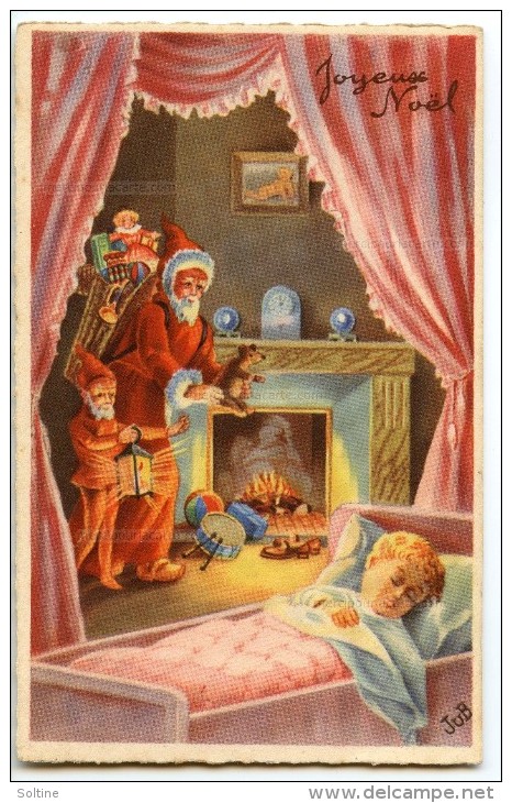 Joyeux Noël - Père Noël Et Lutin Posent Les Jouets Devant La Cheminée, L'enfant Dort - écrite Non Timbrée 2 Scans - Santa Claus