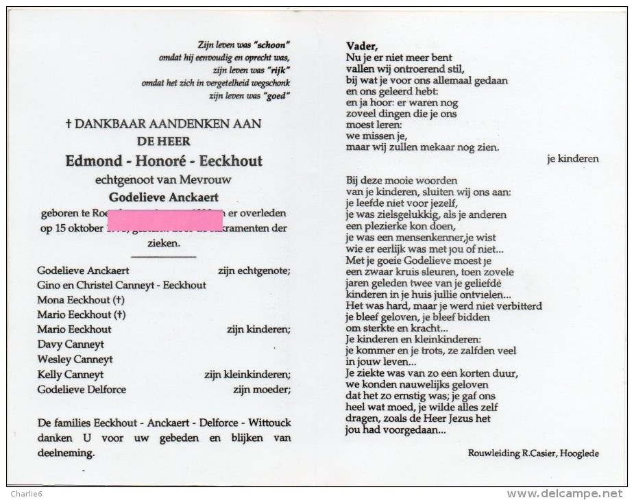 Eeckhout Edmond Honore Anckaert Delforce Wittouck Roeselare Bidprentje Doodsprentje - Religione & Esoterismo