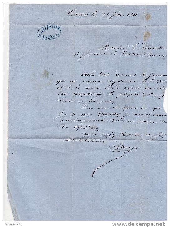 1871 - LETTRE De CERONS (GIRONDE) Avec AMBULANT "CETTE à BORDEAUX C" Sur N° 46 II - 1849-1876: Période Classique