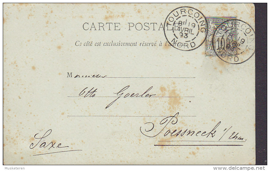 France Postal Stationery Ganzsache Entier Sage PRIVATE Print SAL & HUGUENEL, TOURCING 1893 POESSNECK Germany (2 Scans) - Private Stationery