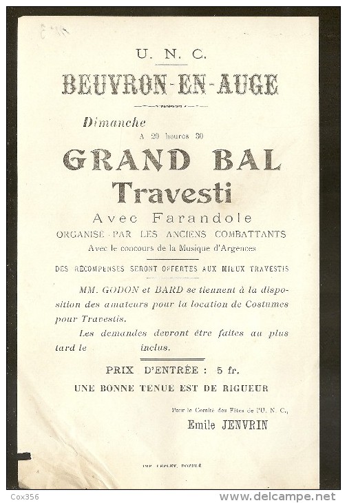 U.N.C , BEUVRON EN AUGE 14 . GRAND BAL TRAVESTI Organisé Par Les Anciens Combattants - Posters