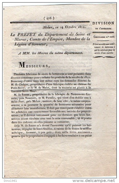 VP2372 Empire - MELUN - Décret Concernant Les Sucreries - BERCY X VARENNE SAINT MAUR X NANTEAU SUR LUNAIN X SAINT PORT - Decreti & Leggi