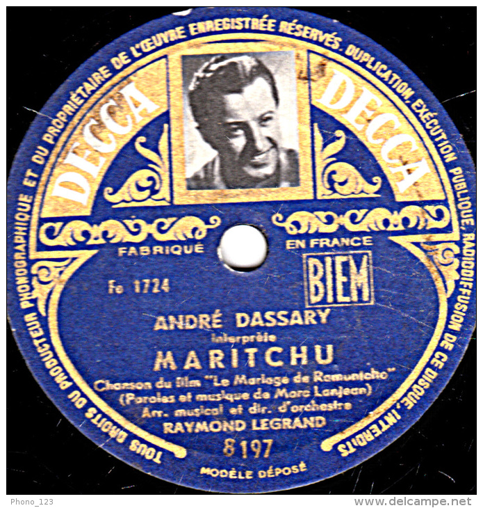 78 Trs - 25 Cm - état B -  ANDRE DASSARY -  MARITCHU - FERME TES YEUX - 78 T - Disques Pour Gramophone