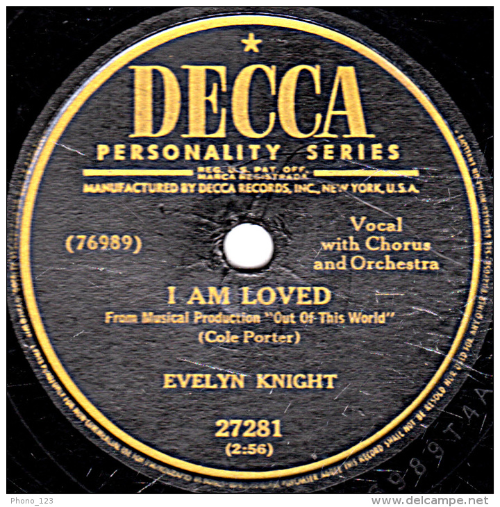 78 Trs - 25 Cm - état B -  EVELYN KNIGHT - NOBODY'S CHASING ME - I AM LOVED - 78 T - Disques Pour Gramophone