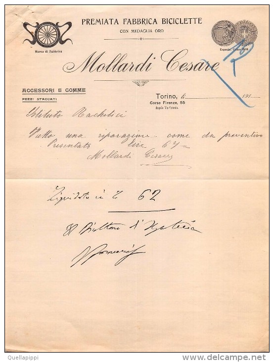 02965 "PREMIATA FABBRICA BICICLETTE - MOLLARDI CESARE - TORINO" ESPOSIZ. COMO 1909 - DOCUMENTO COMMERCIALE - Italia