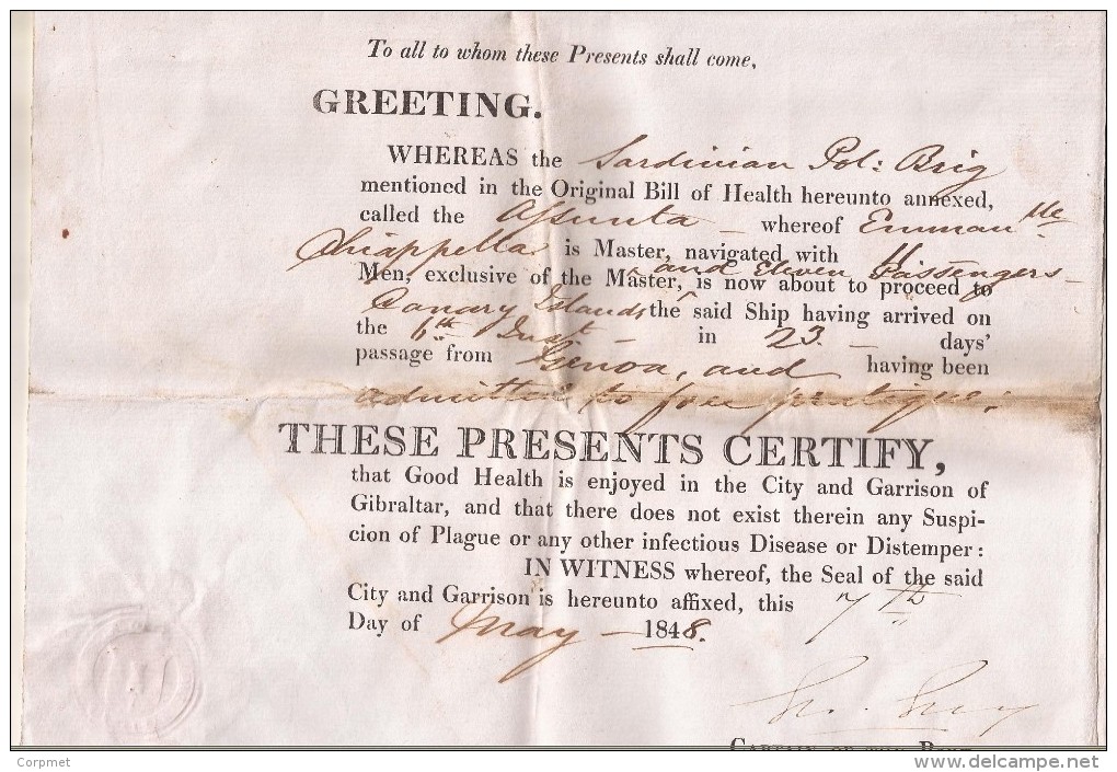 GIBRALTAR - Sir Robert Thomas Wilson, Governor Sign 1848 Bill Of Health To Ship Proceed To CANARY ISLANDS - Historical Documents