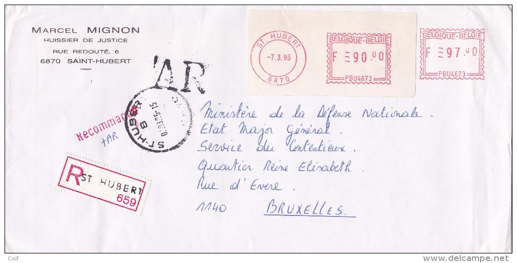 Brief Met Roodfrankeering Op Brief Aangetekend Met AR Met Stempel ST-HUBERT - 1980-1999