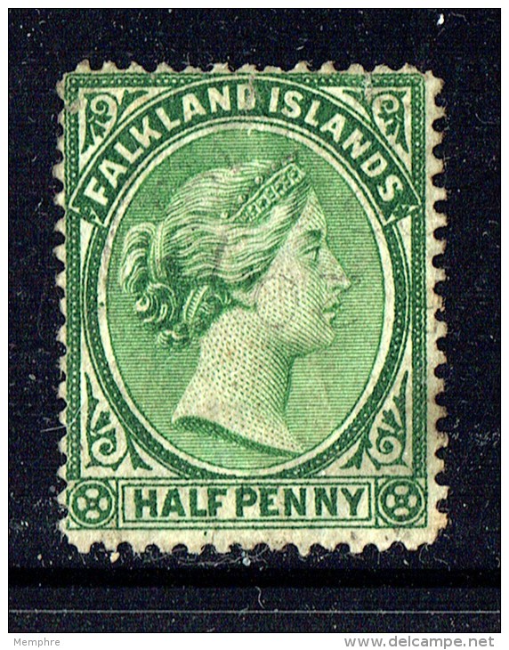 1891  Victoria   &frac12;d.  Deep  Yellow Green  SG 17 Used  Small Tear At Top - Falkland Islands