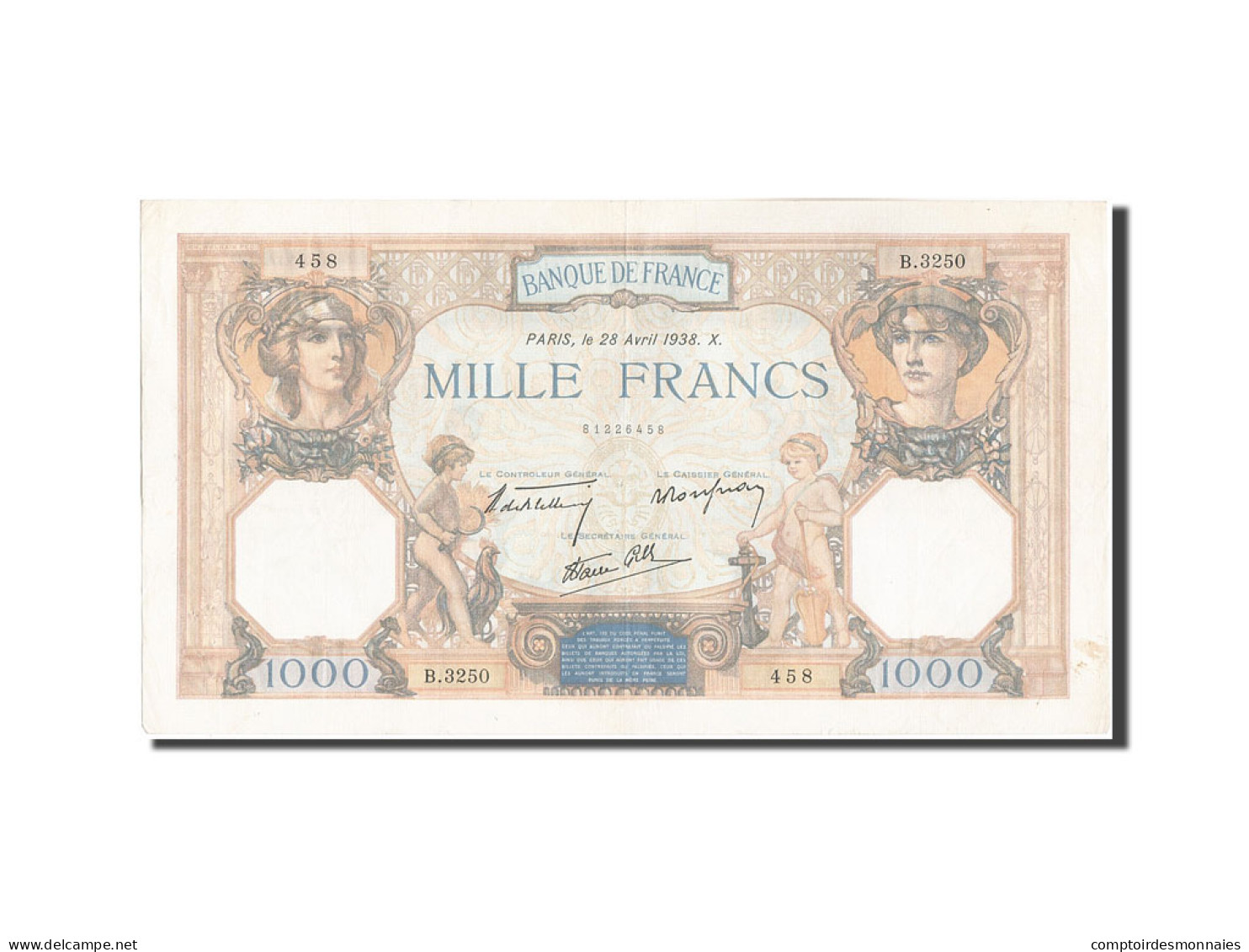 Billet, France, 1000 Francs, 1 000 F 1927-1940 ''Cérès Et Mercure'', 1938 - 1 000 F 1927-1940 ''Cérès Et Mercure''