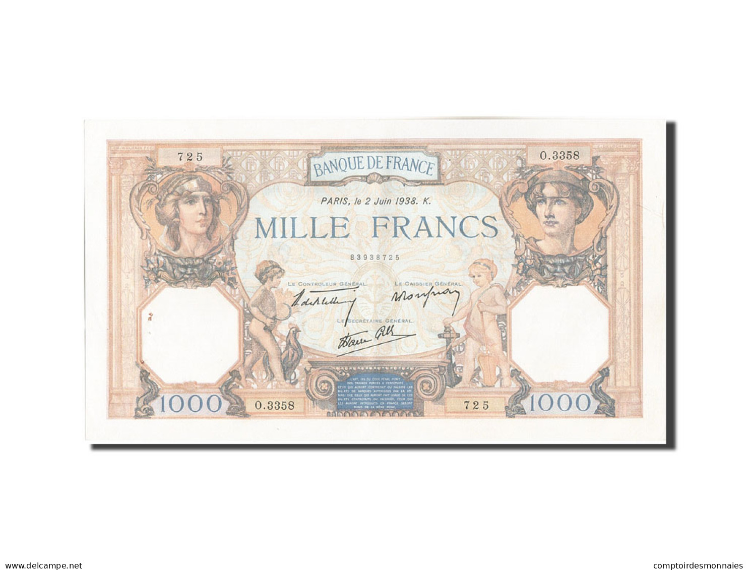 Billet, France, 1000 Francs, 1 000 F 1927-1940 ''Cérès Et Mercure'', 1938 - 1 000 F 1927-1940 ''Cérès Et Mercure''