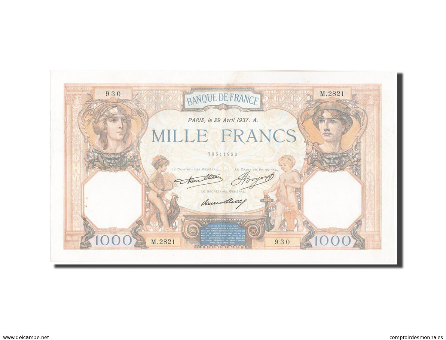 Billet, France, 1000 Francs, 1 000 F 1927-1940 ''Cérès Et Mercure'', 1937 - 1 000 F 1927-1940 ''Cérès Et Mercure''