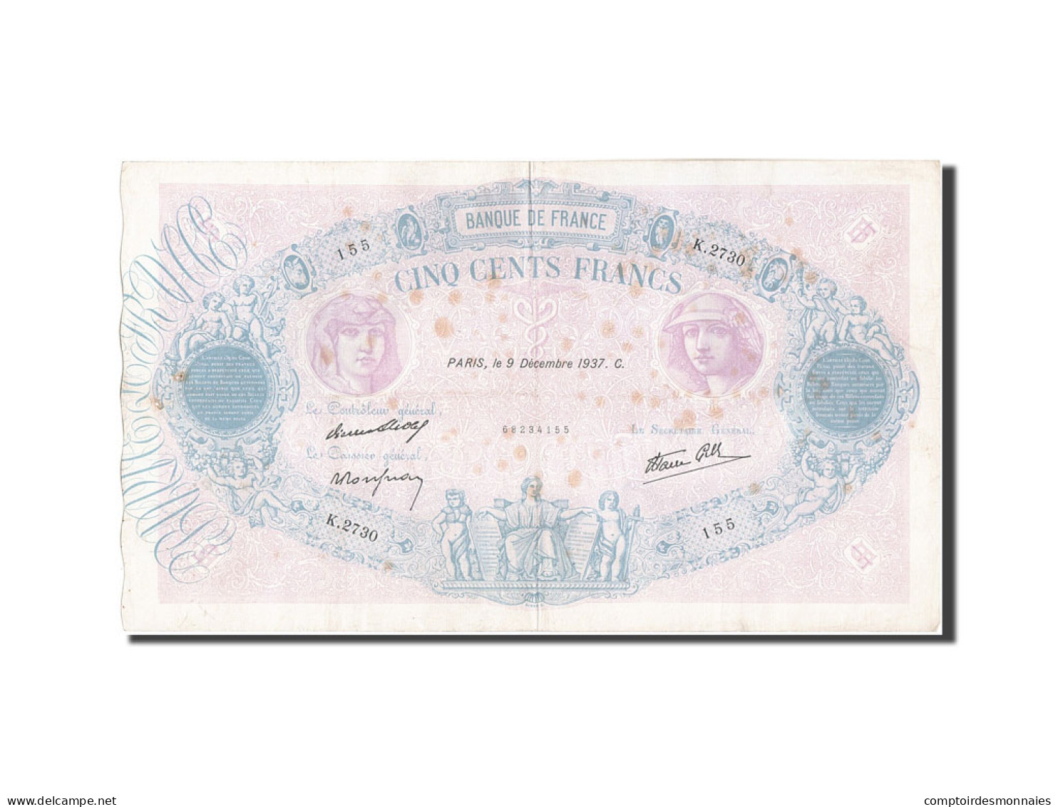 Billet, France, 500 Francs, 500 F 1888-1940 ''Bleu Et Rose'', 1937, 1937-12-09 - 500 F 1888-1940 ''Bleu Et Rose''