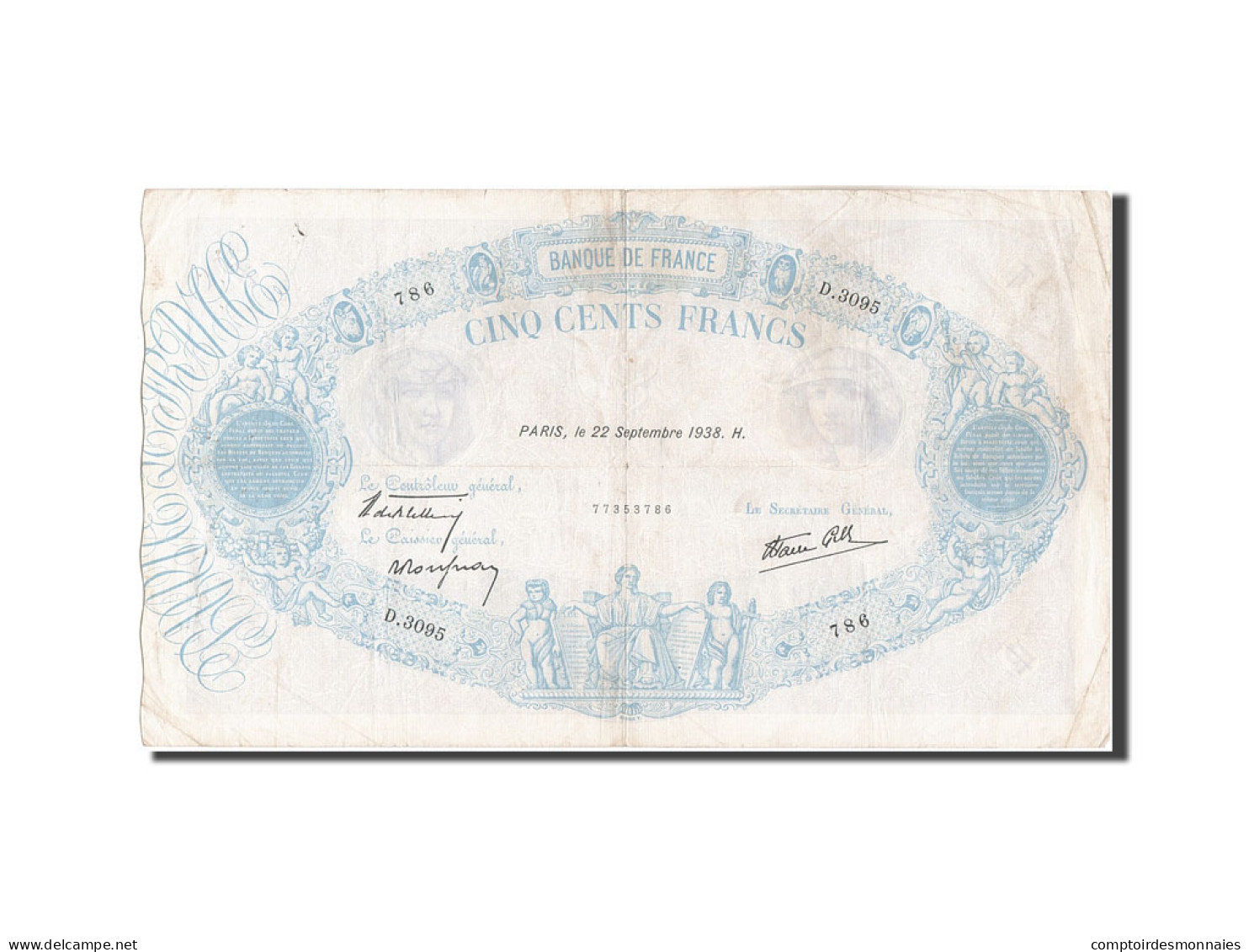 Billet, France, 500 Francs, 500 F 1888-1940 ''Bleu Et Rose'', 1938, 1938-09-22 - 500 F 1888-1940 ''Bleu Et Rose''