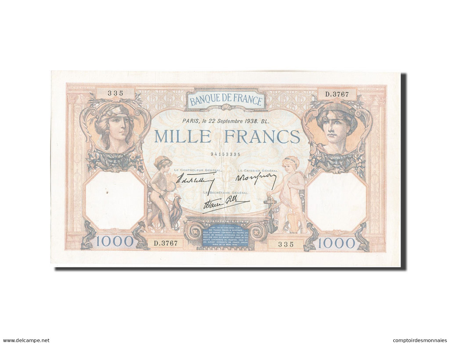 Billet, France, 1000 Francs, 1 000 F 1927-1940 ''Cérès Et Mercure'', 1938 - 1 000 F 1927-1940 ''Cérès Et Mercure''