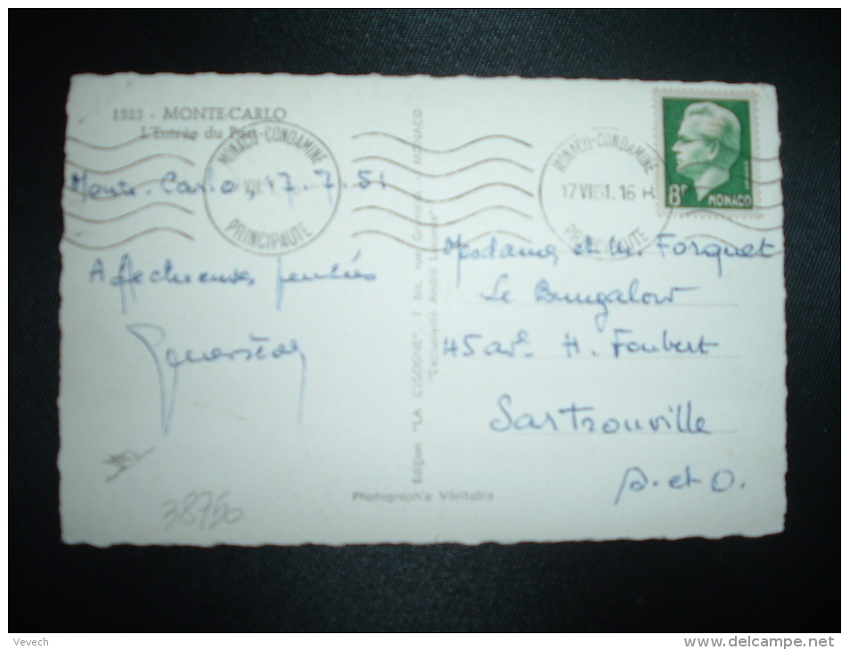 CP Pour France TP 8F OBL.MEC.17 VII 51 MONACO-CONDAMINE - Cartas & Documentos