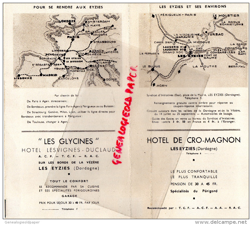 24 - LES EYZIES - DEPLIANT TOURISTIQUE- HOTEL LESVIGNES DUCLAUD- LES GLYCINES- HOTEL CRO-MAGNON- ANNEES 40 - Dépliants Touristiques