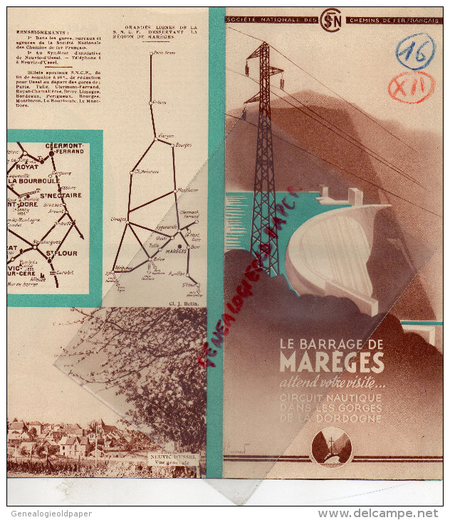 19 - BARRAGE DE MAREGES -GORGES DORDOGNE- DEPLIANT SNCF- 1939-USSEL-BORT -NEUVIC-LAPLEAU- - Dépliants Touristiques