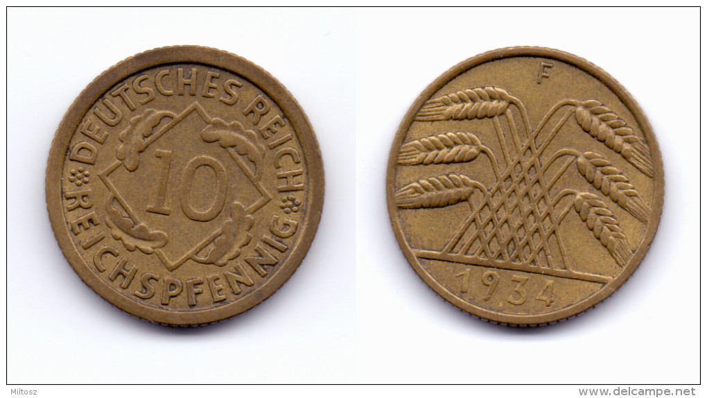 Germany 10 Reichspfennig 1934 F - 10 Rentenpfennig & 10 Reichspfennig